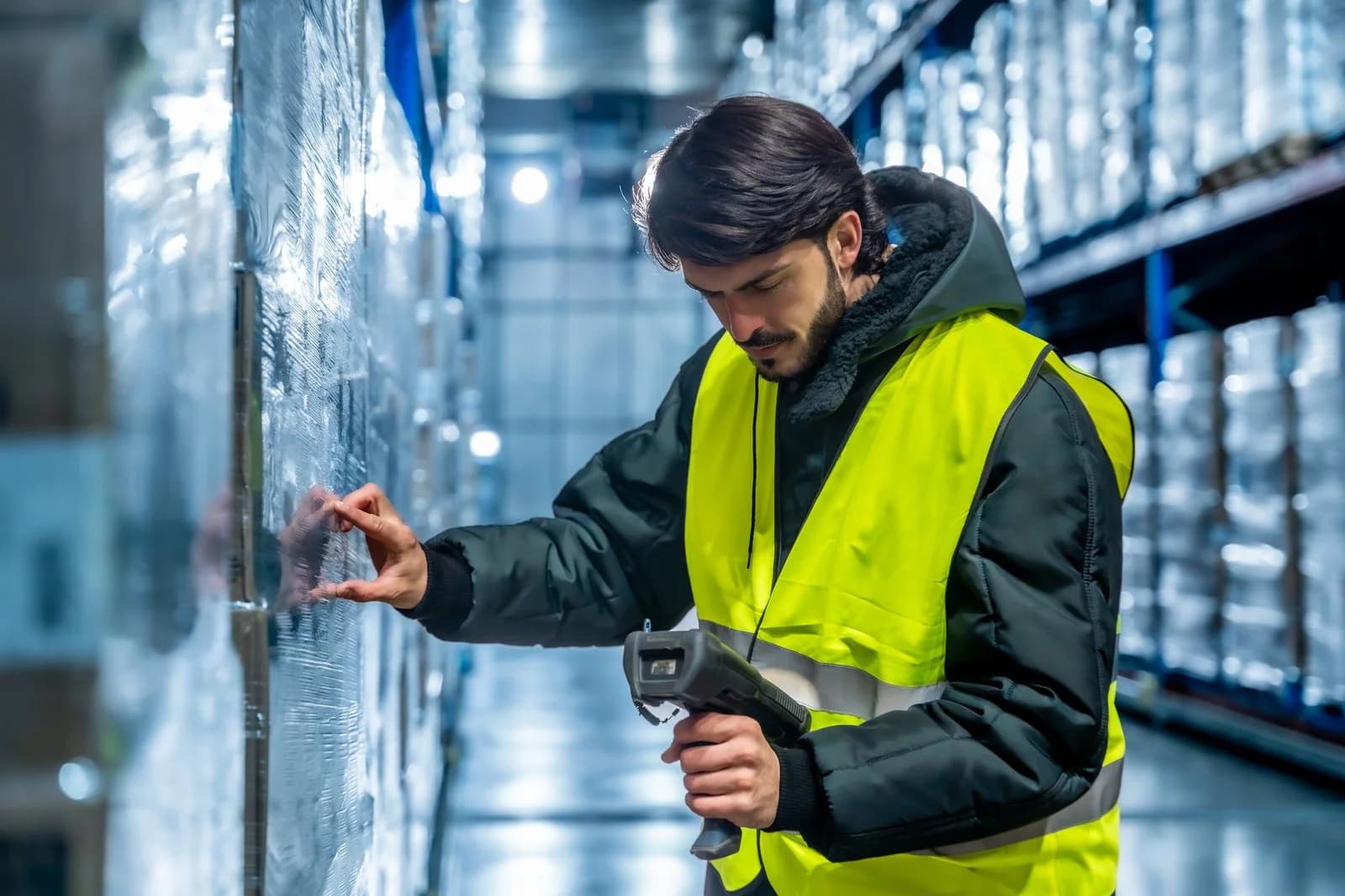 Worker in insulated clothing checking palletized goods with a handheld scanner in a cold-storage warehouse