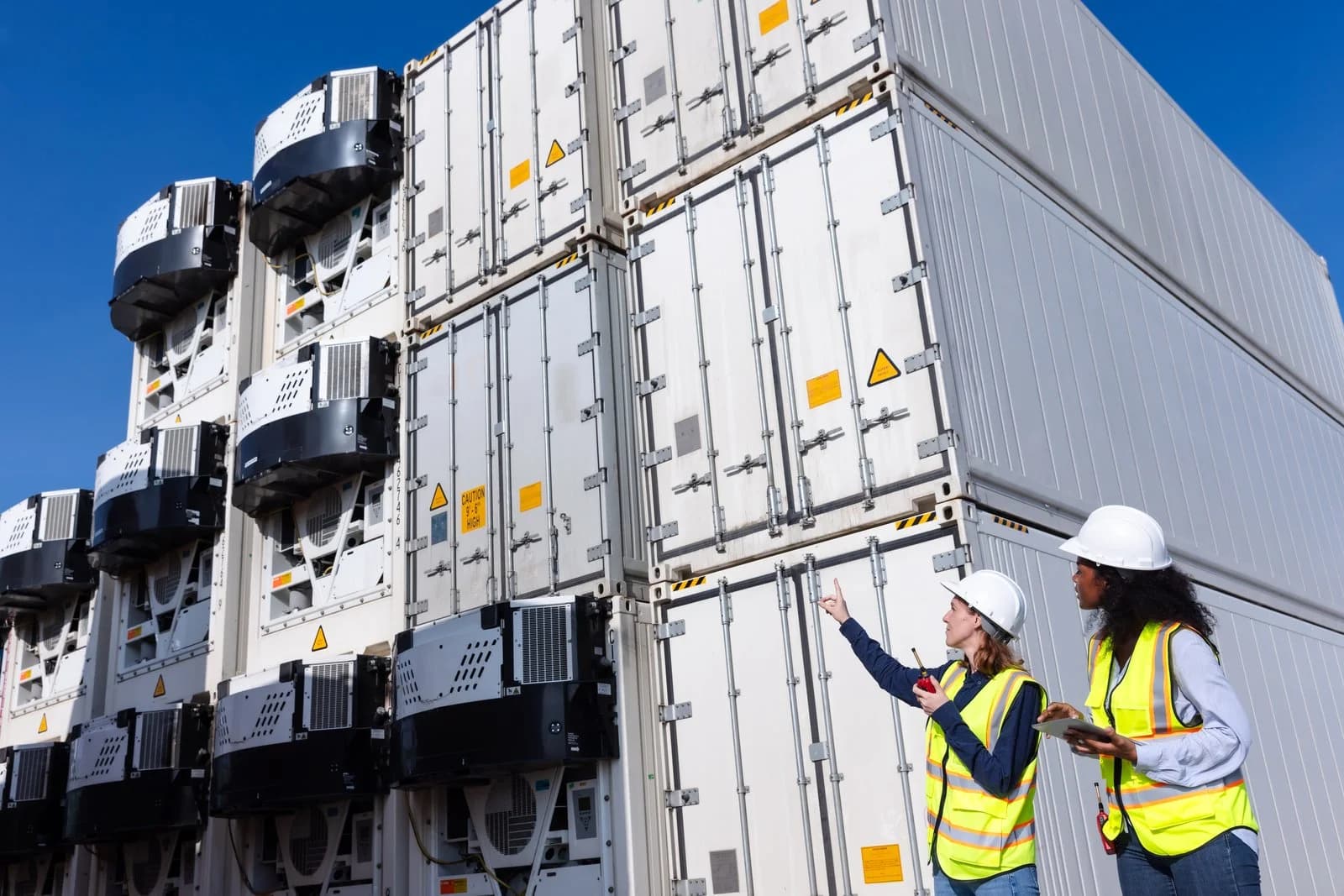Two inspectors in safety equipment checking refrigerated shipping containers