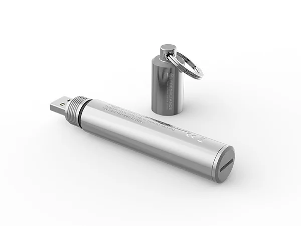 Stainless steel Iron Tag 1 temperature logger with a removable USB cap