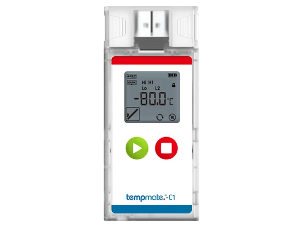 Tempmate C1 USB temperature logger displaying a low-temperature reading