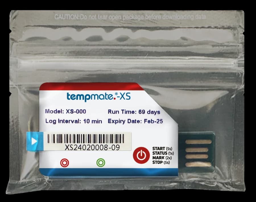 Packaged Tempmate XS single-use temperature data logger