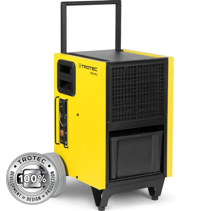 Yellow Trotec TTK 175 S dehumidifier with wheels and a handle