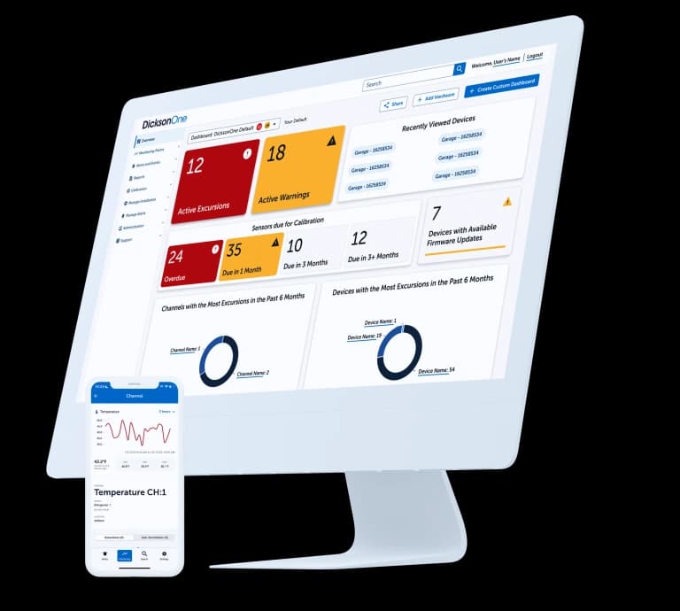 DicksonOne environmental monitoring dashboard on a desktop monitor and phone
