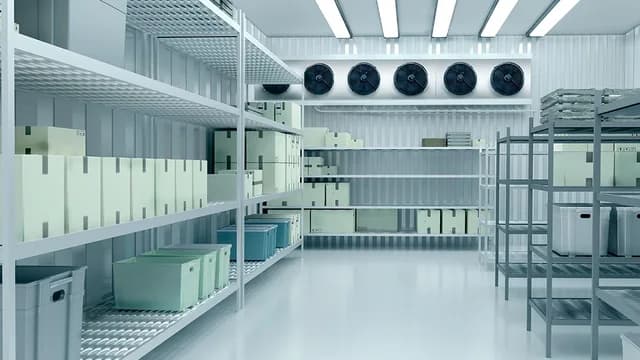 A refrigerated cold room with insulated walls and storage shelving