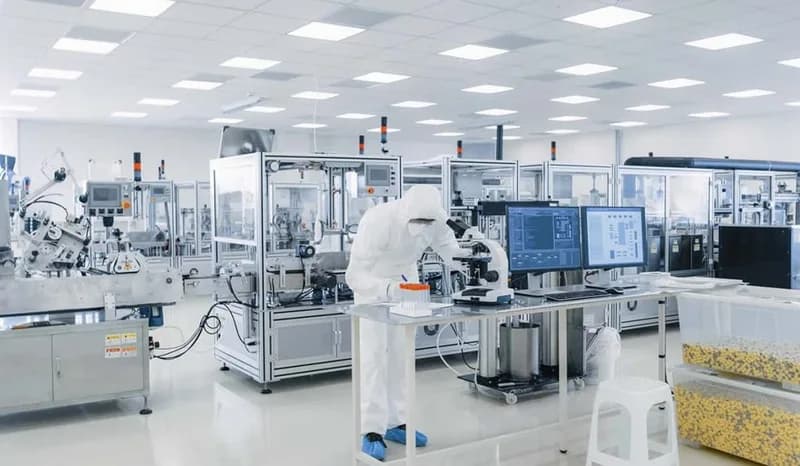Technician in protective clothing in a controlled manufacturing environment