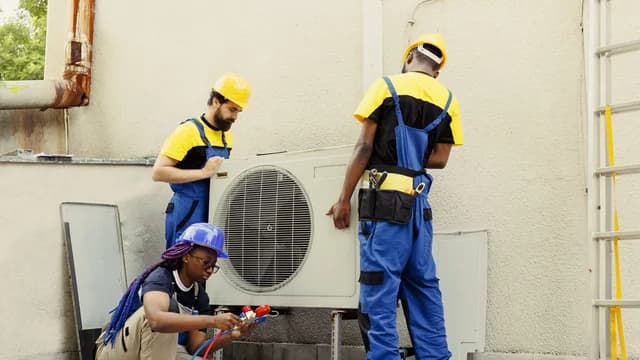 Technicians installing and servicing an outdoor air conditioning condenser