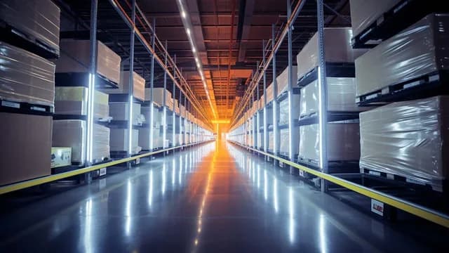 A spacious warehouse with storage racks and clearly organized aisles
